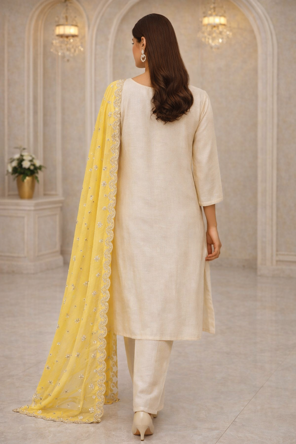 Vichitra Silk Embroidered Kurta Set with Yellow Dupatta