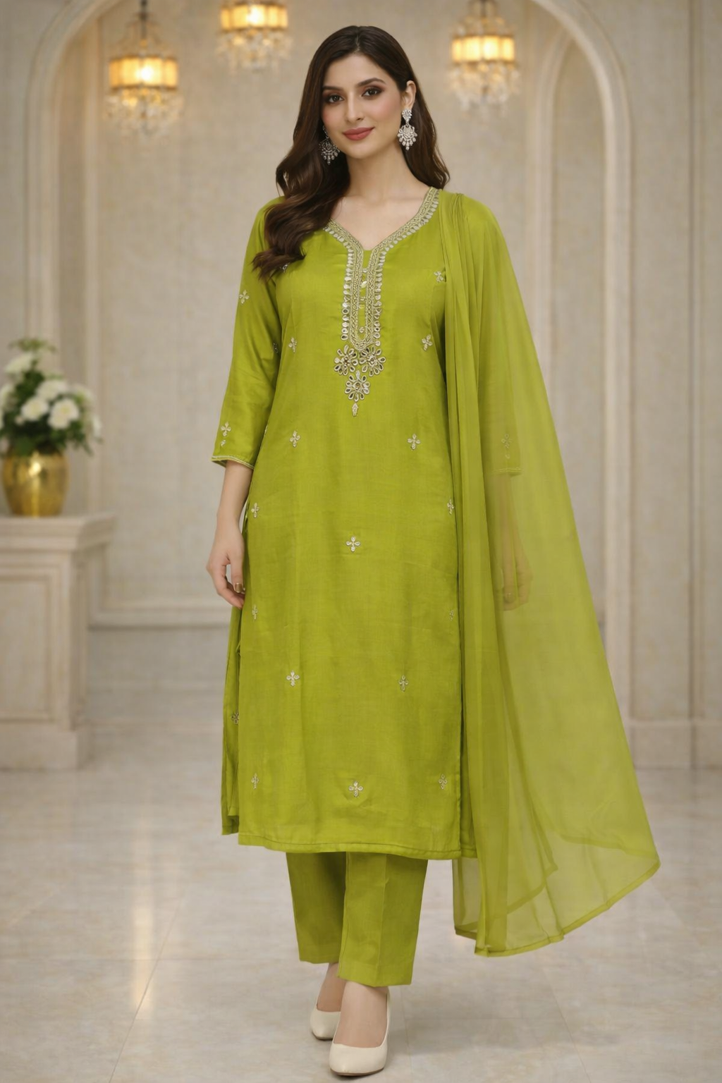 Green Mul Chanderi Embroidered Kurta Set with Dupatta