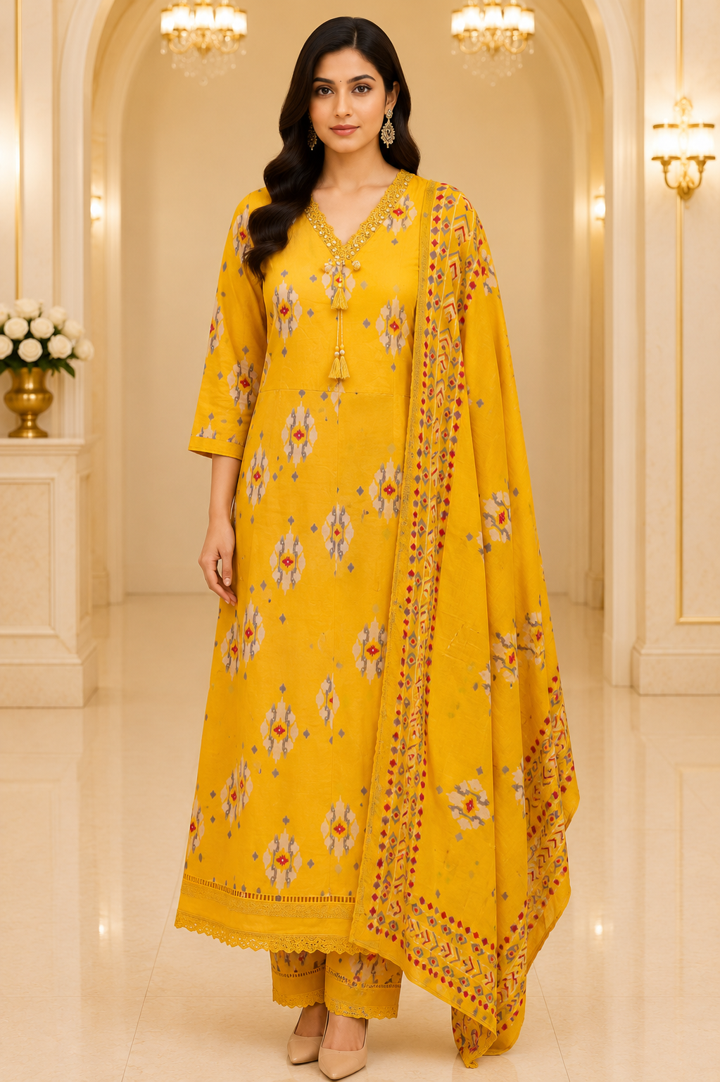Yellow Printed Pure Cotton Anarkali Set with Dupatta