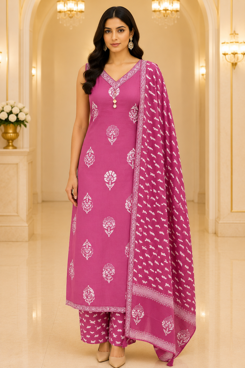 Pink Printed Pure Cotton Sleeveless Kurta Set with Dupatta
