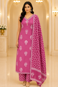 Pink Printed Pure Cotton Sleeveless Kurta Set with Dupatta