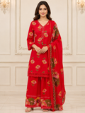 Red Floral Print Pure Cotton Short Kurti with Palazzo & Dupatta Set