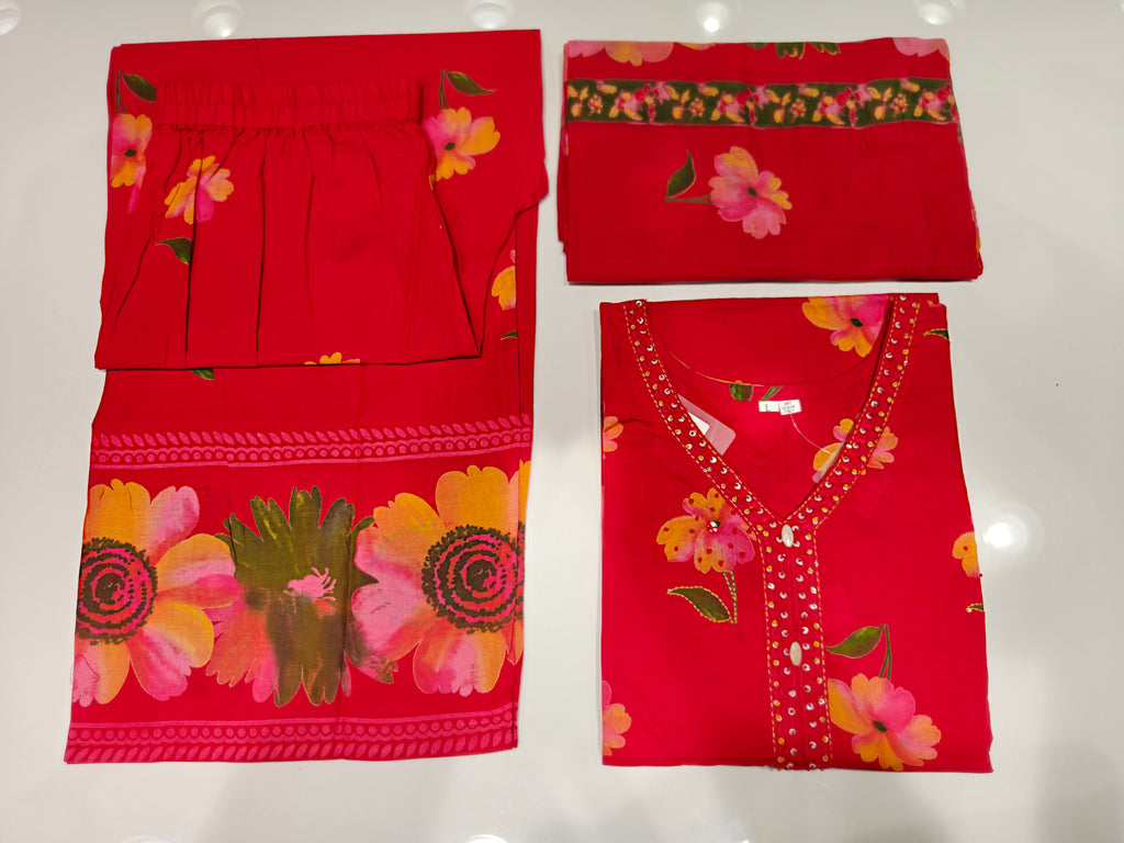 Red Floral Print Pure Cotton Short Kurti with Palazzo & Dupatta Set