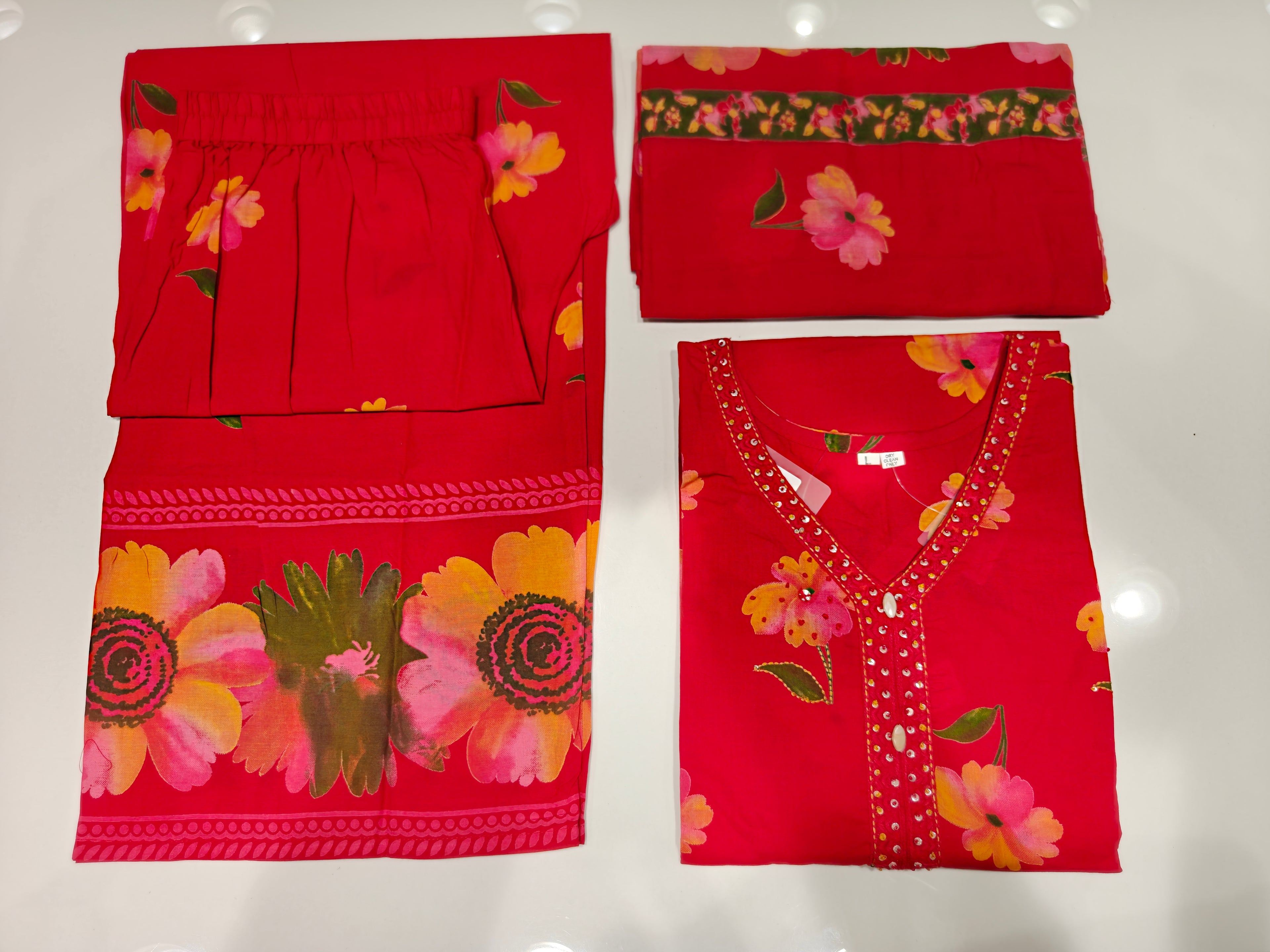 Red Floral Print Pure Cotton Short Kurti with Palazzo & Dupatta Set