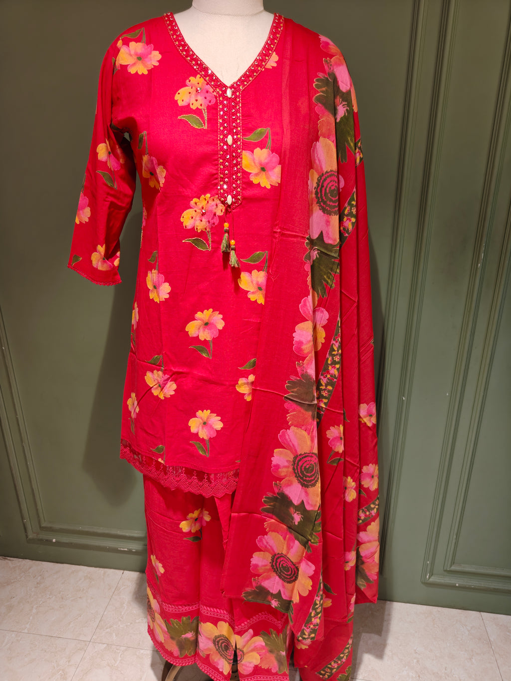Red Floral Print Pure Cotton Short Kurti with Palazzo & Dupatta Set