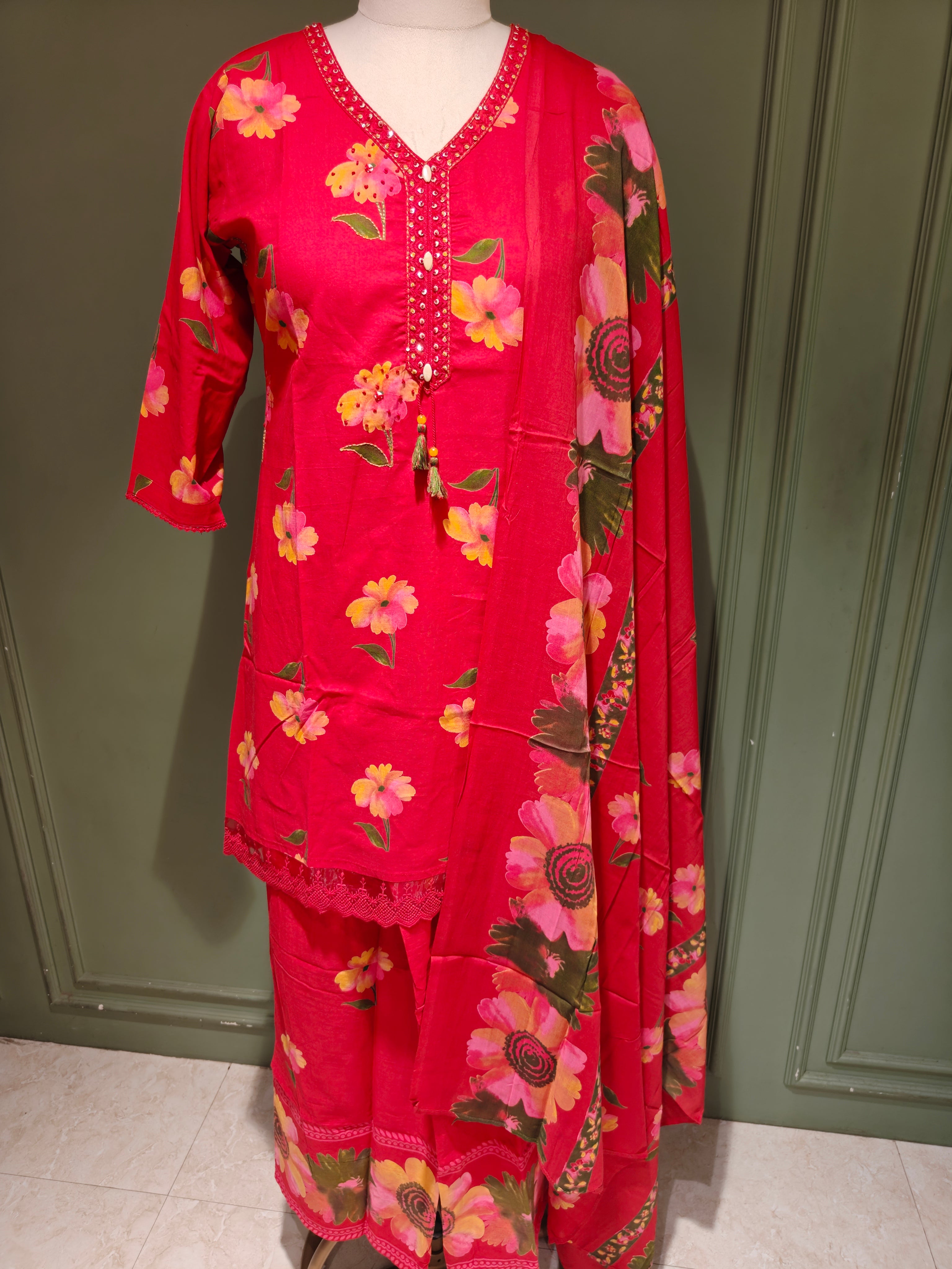 Red Floral Print Pure Cotton Short Kurti with Palazzo & Dupatta Set