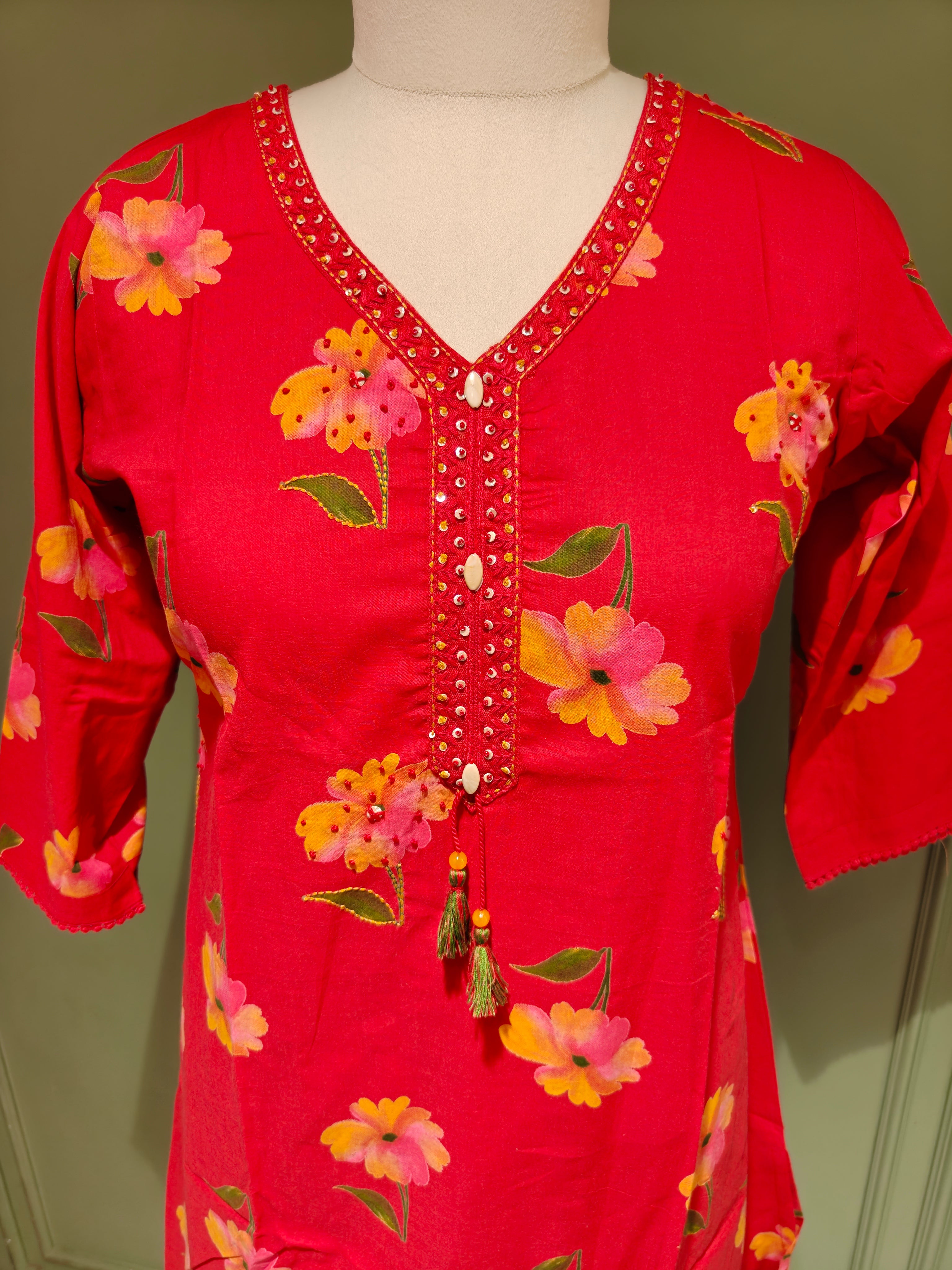 Red Floral Print Pure Cotton Short Kurti with Palazzo & Dupatta Set