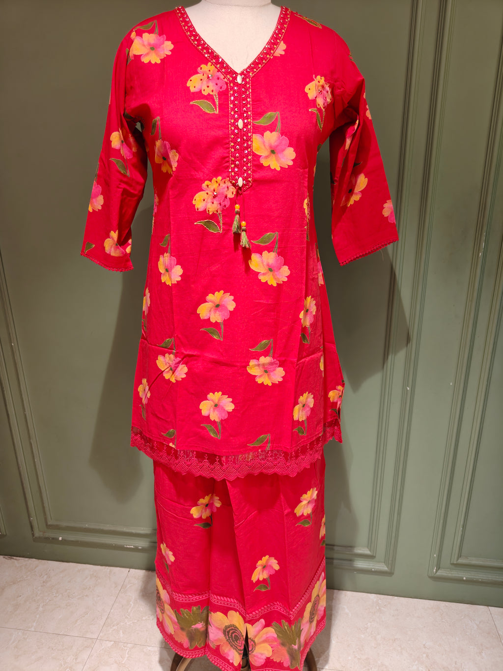 Red Floral Print Pure Cotton Short Kurti with Palazzo & Dupatta Set