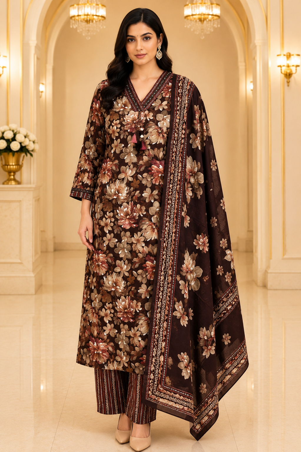Brown Floral Print Pure Cotton Salwar Suit with Dupatta