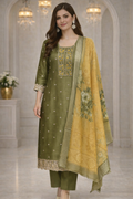 Green Vichitra Silk Embroidered Kurta Set with Printed Dupatta