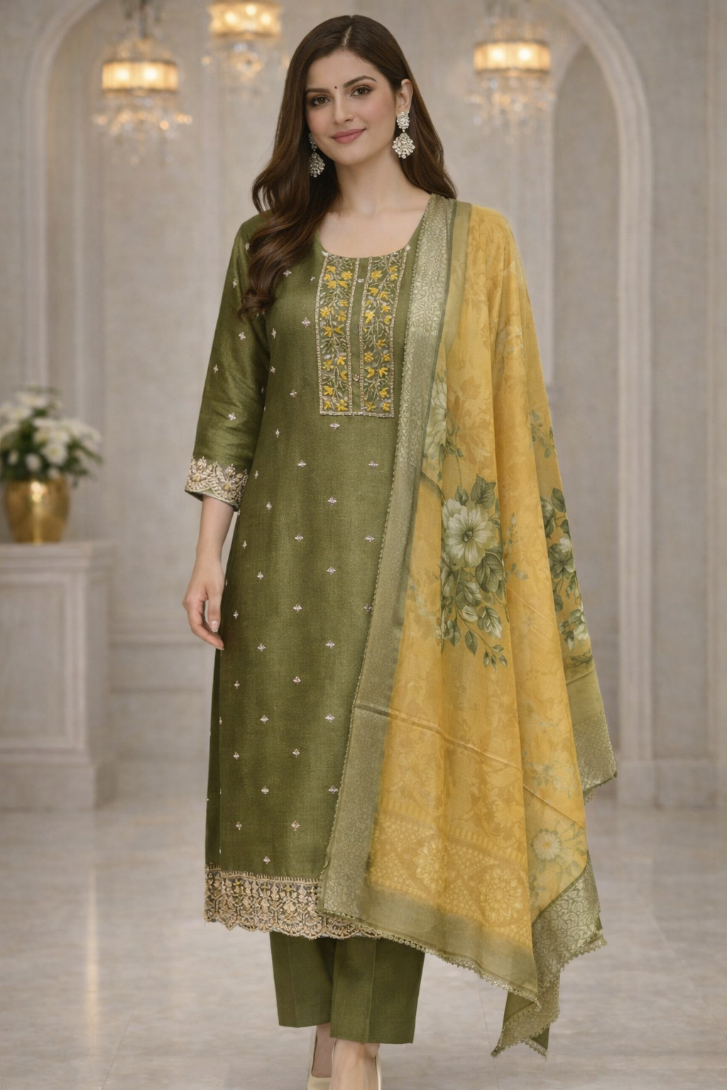 Green Vichitra Silk Embroidered Kurta Set with Printed Dupatta