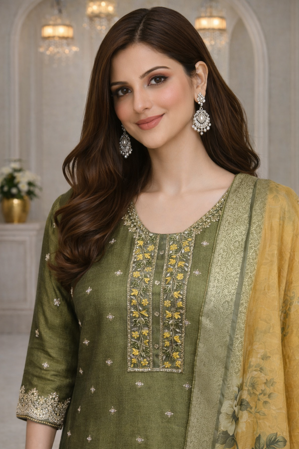 Green Vichitra Silk Embroidered Kurta Set with Printed Dupatta