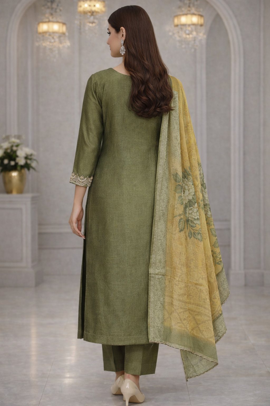 Green Vichitra Silk Embroidered Kurta Set with Printed Dupatta