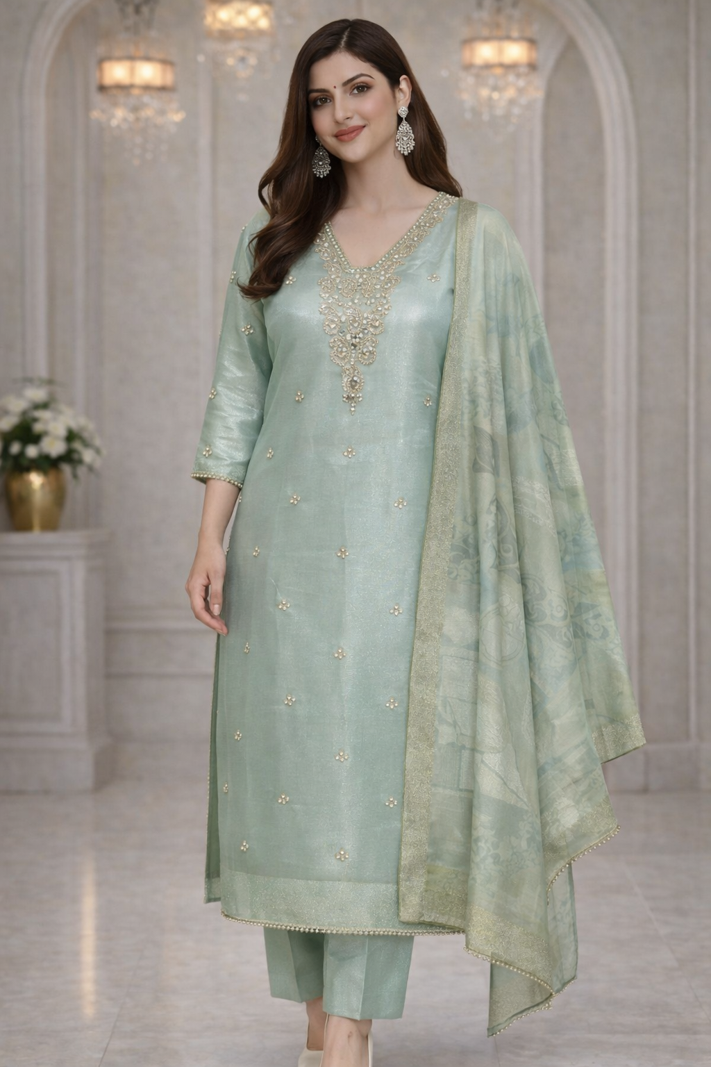 Sage Green Tissue Silk Embroidered Kurta Set with Dupatta
