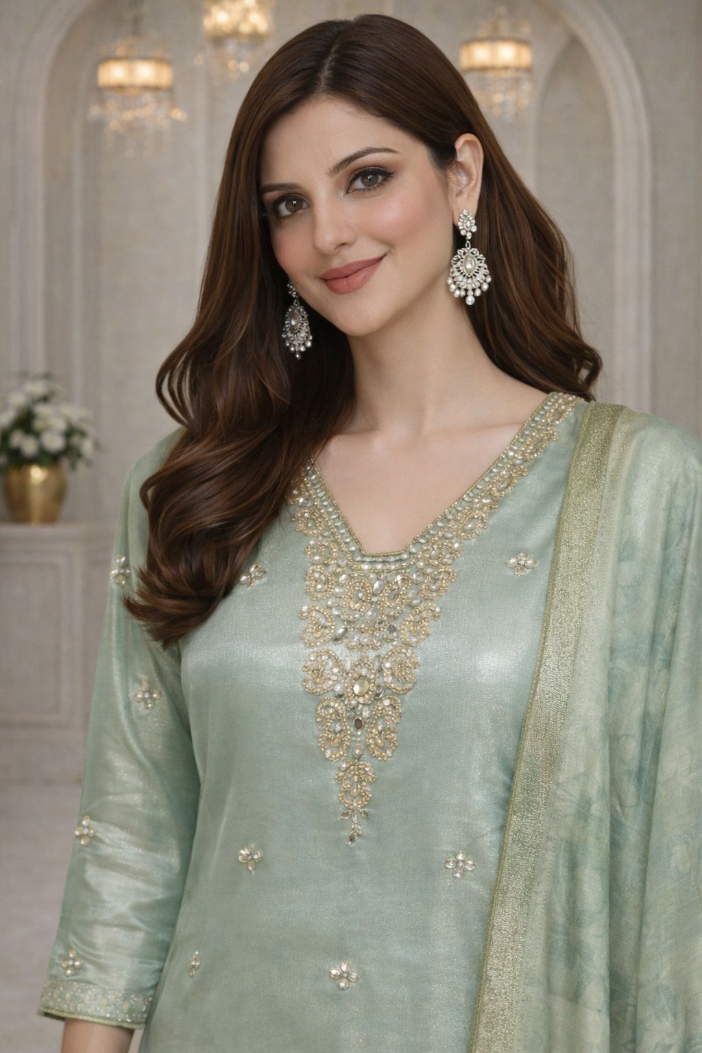 Sage Green Tissue Silk Embroidered Kurta Set with Dupatta