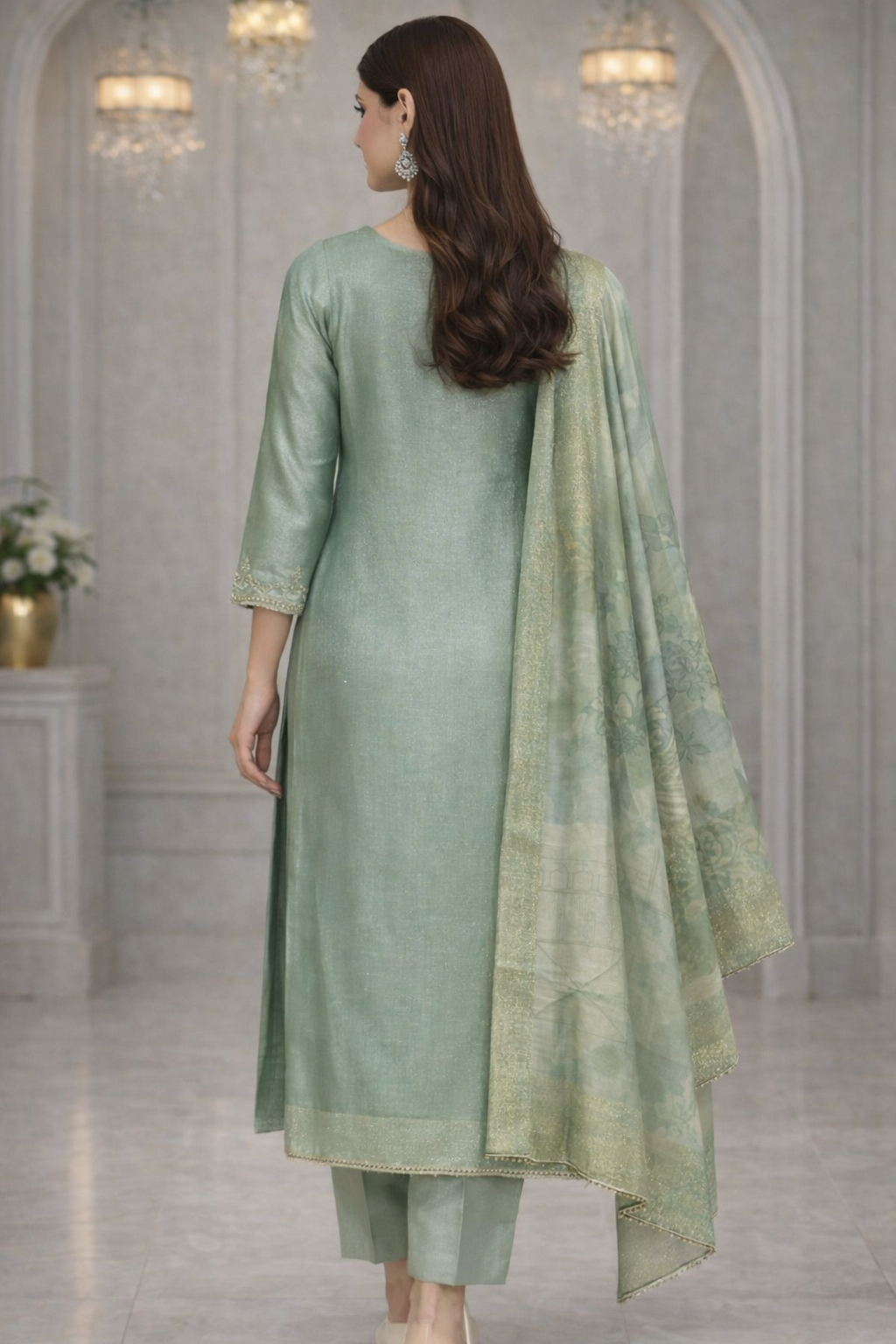 Sage Green Tissue Silk Embroidered Kurta Set with Dupatta
