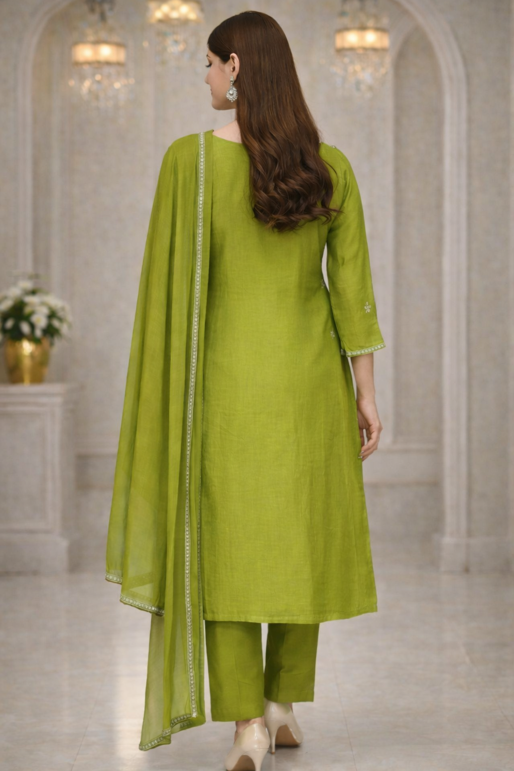 Green Mul Chanderi Embroidered Kurta Set with Dupatta