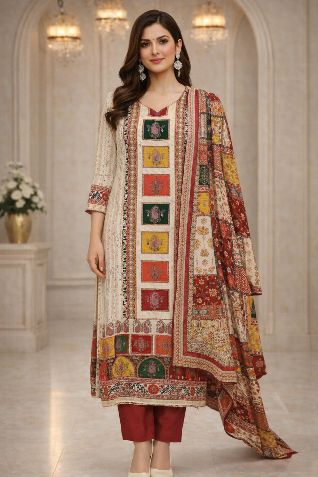 Cream Multi-Print Crepe Kurta Set with  Dupatta