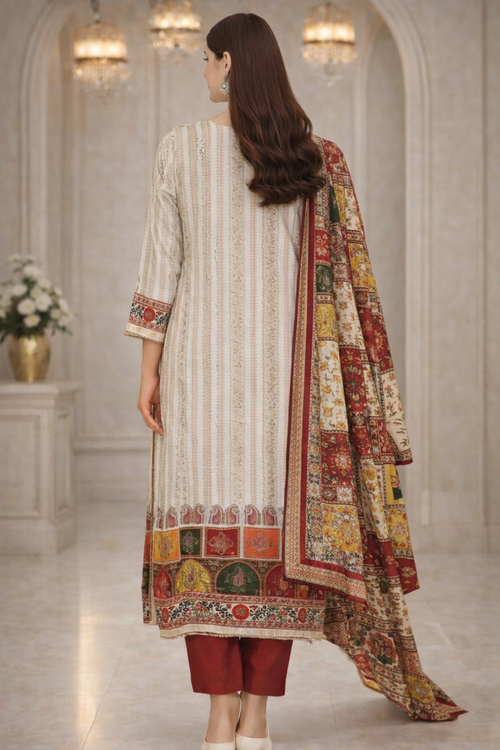 Cream Multi-Print Crepe Kurta Set with  Dupatta