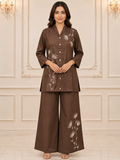 Brown Pure Cotton Embroidered Co-Ord Set with Palazzo