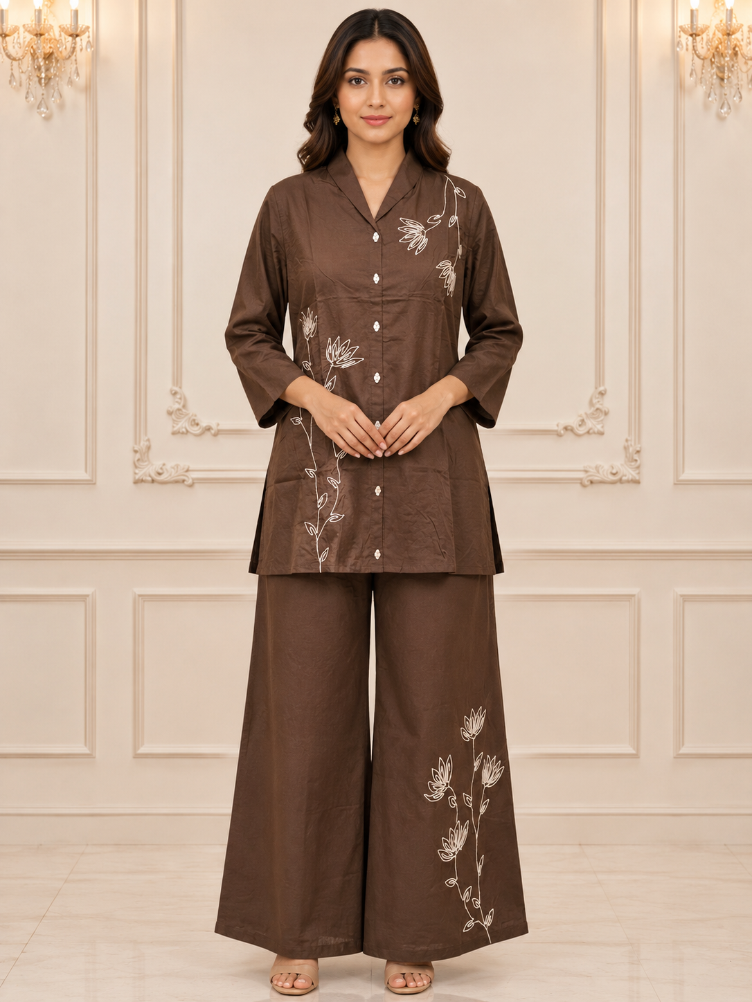 Brown Pure Cotton Embroidered Co-Ord Set with Palazzo