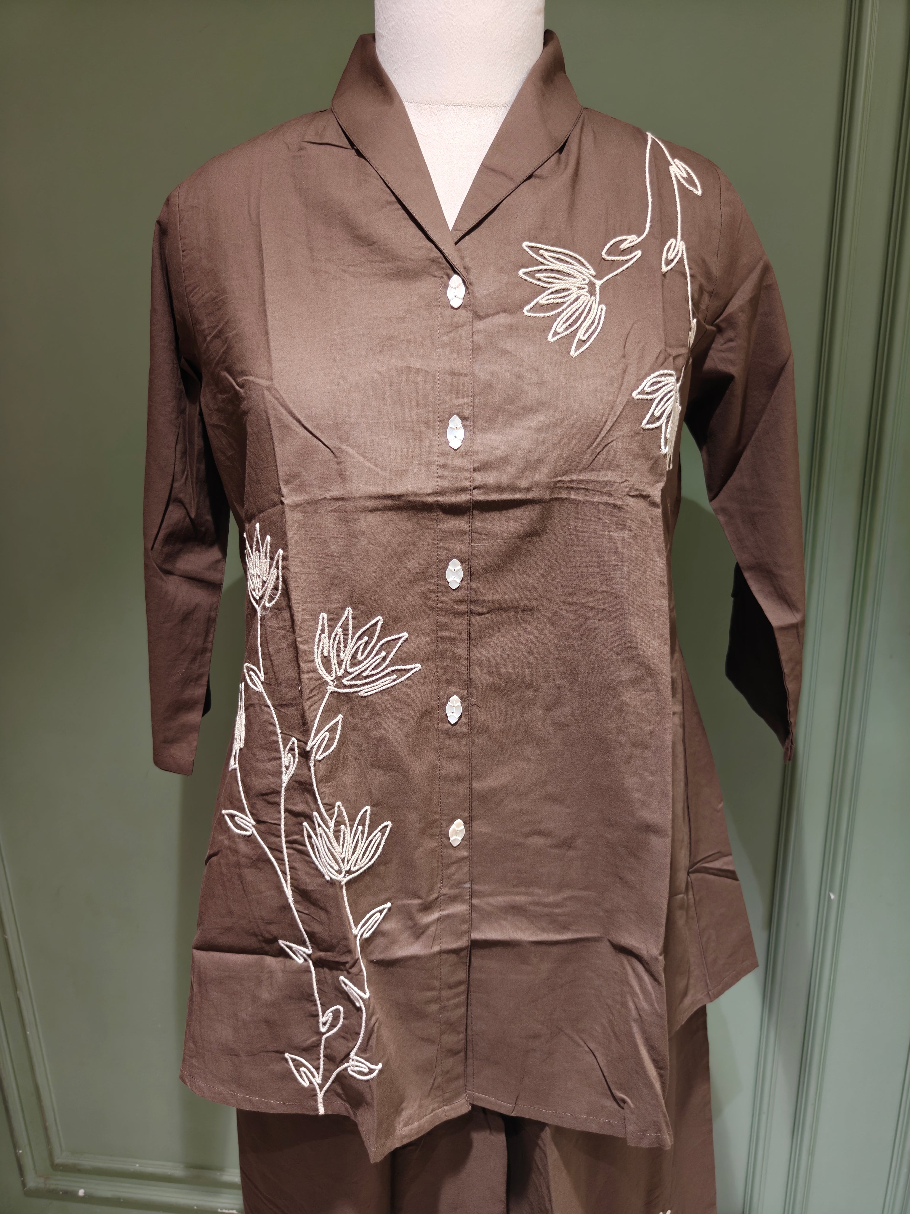 Brown Pure Cotton Embroidered Co-Ord Set with Palazzo