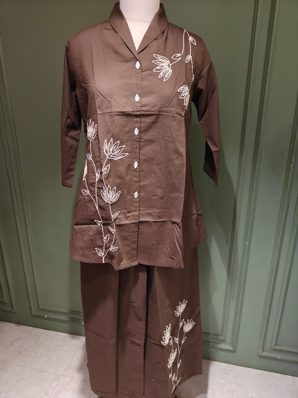 Brown Pure Cotton Embroidered Co-Ord Set with Palazzo