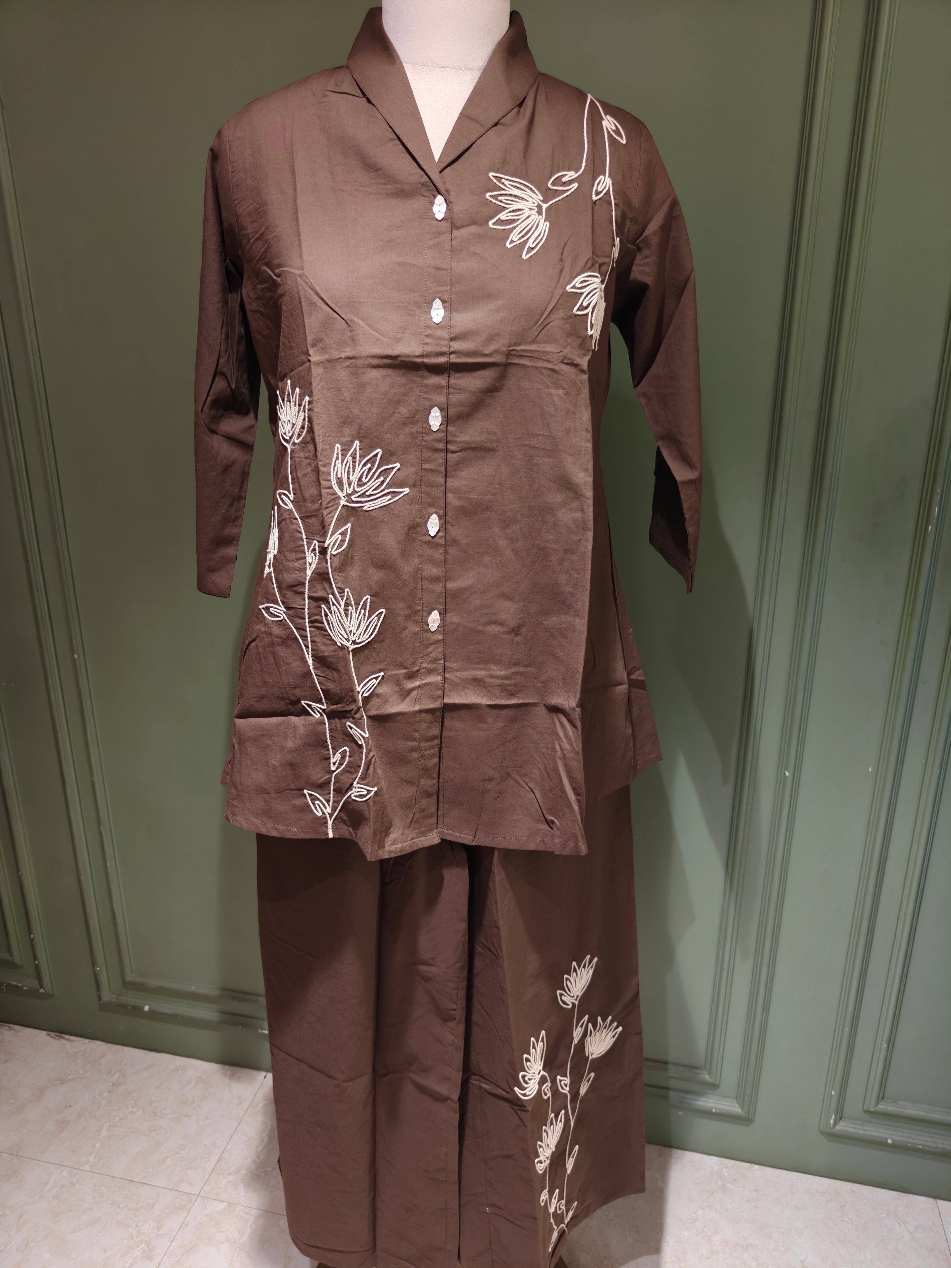 Brown Pure Cotton Embroidered Co-Ord Set with Palazzo