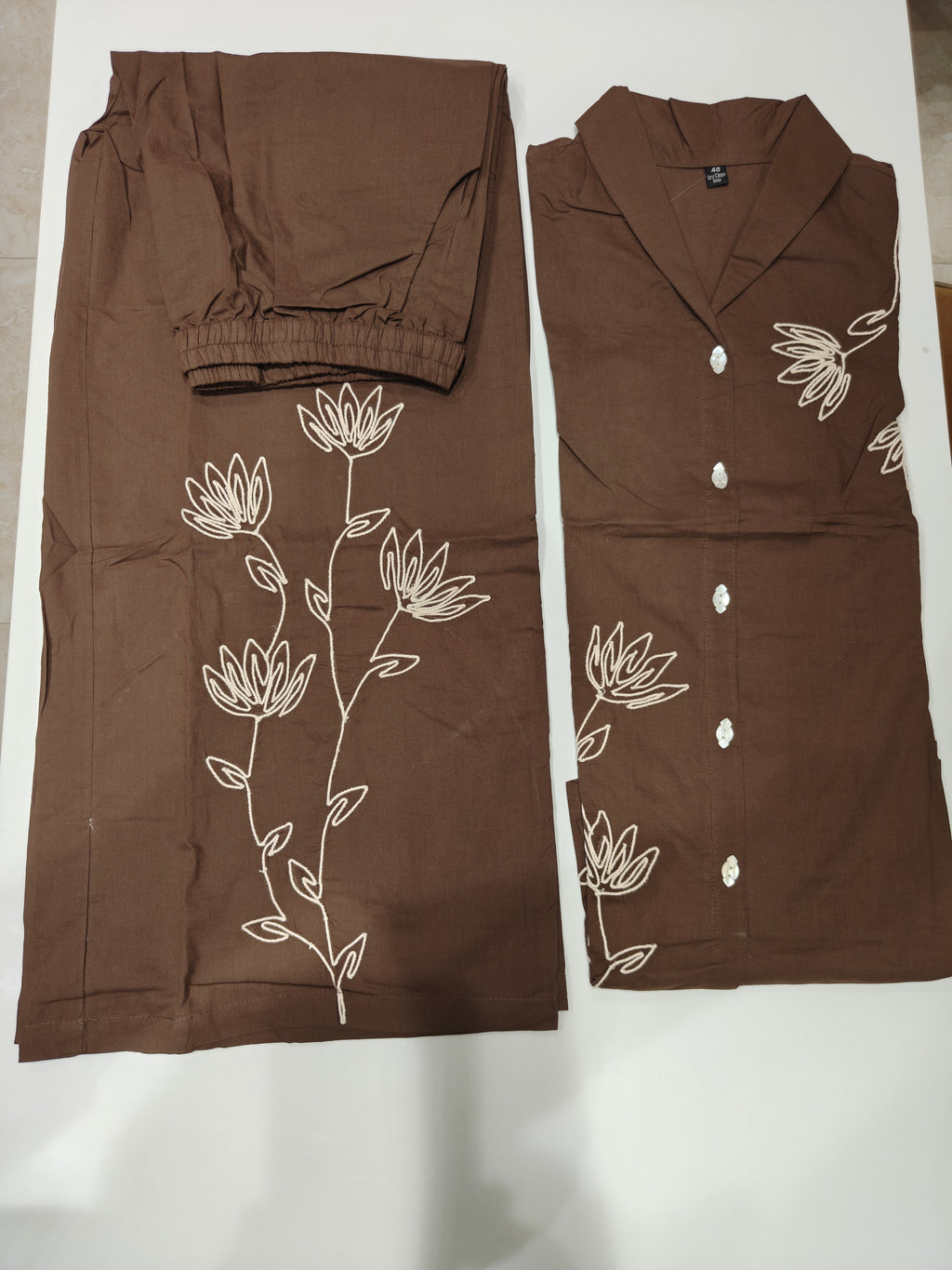 Brown Pure Cotton Embroidered Co-Ord Set with Palazzo