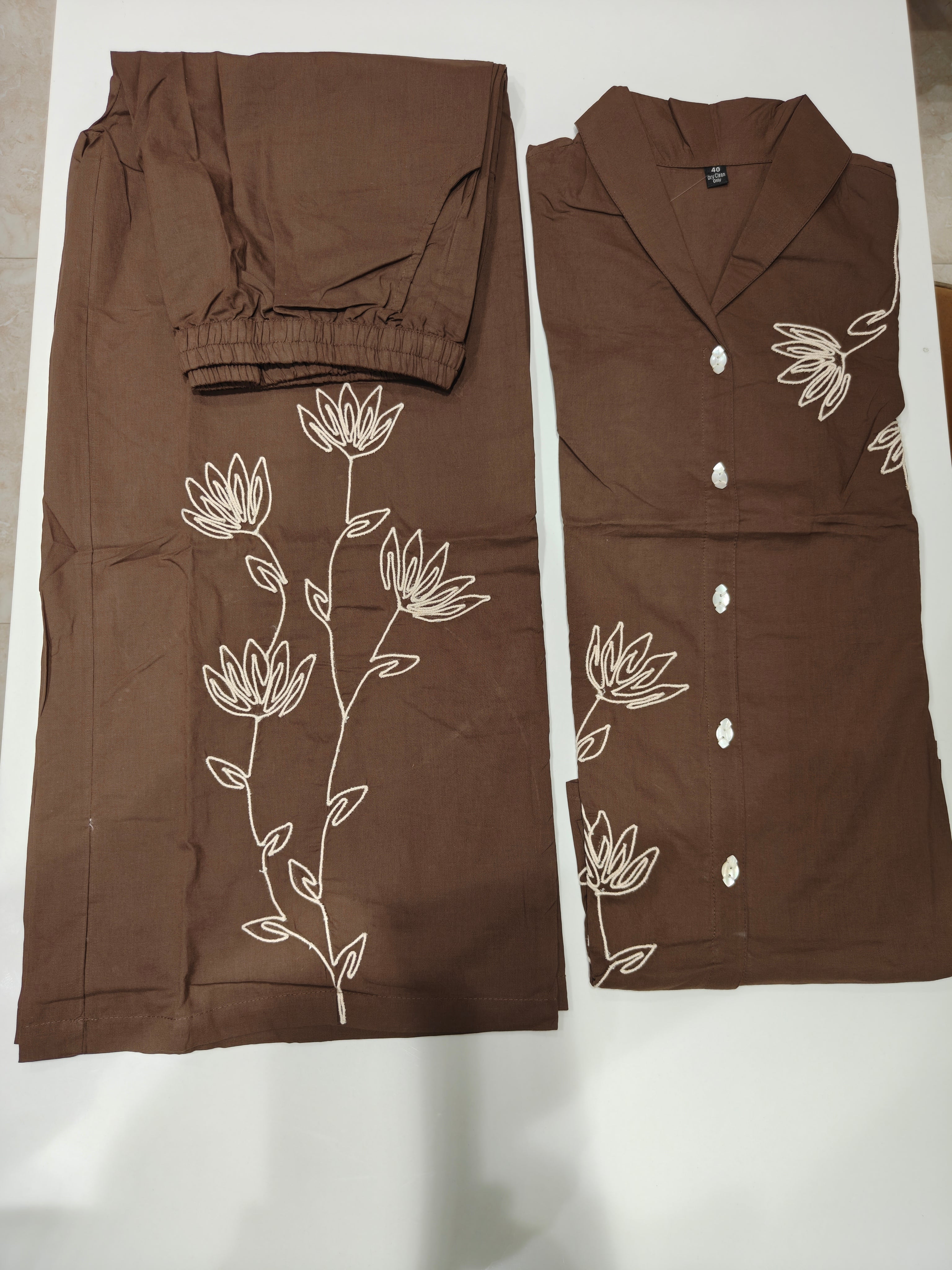 Brown Pure Cotton Embroidered Co-Ord Set with Palazzo