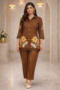 Brown Khadi Cotton Floral Embroidered Co-Ord Set